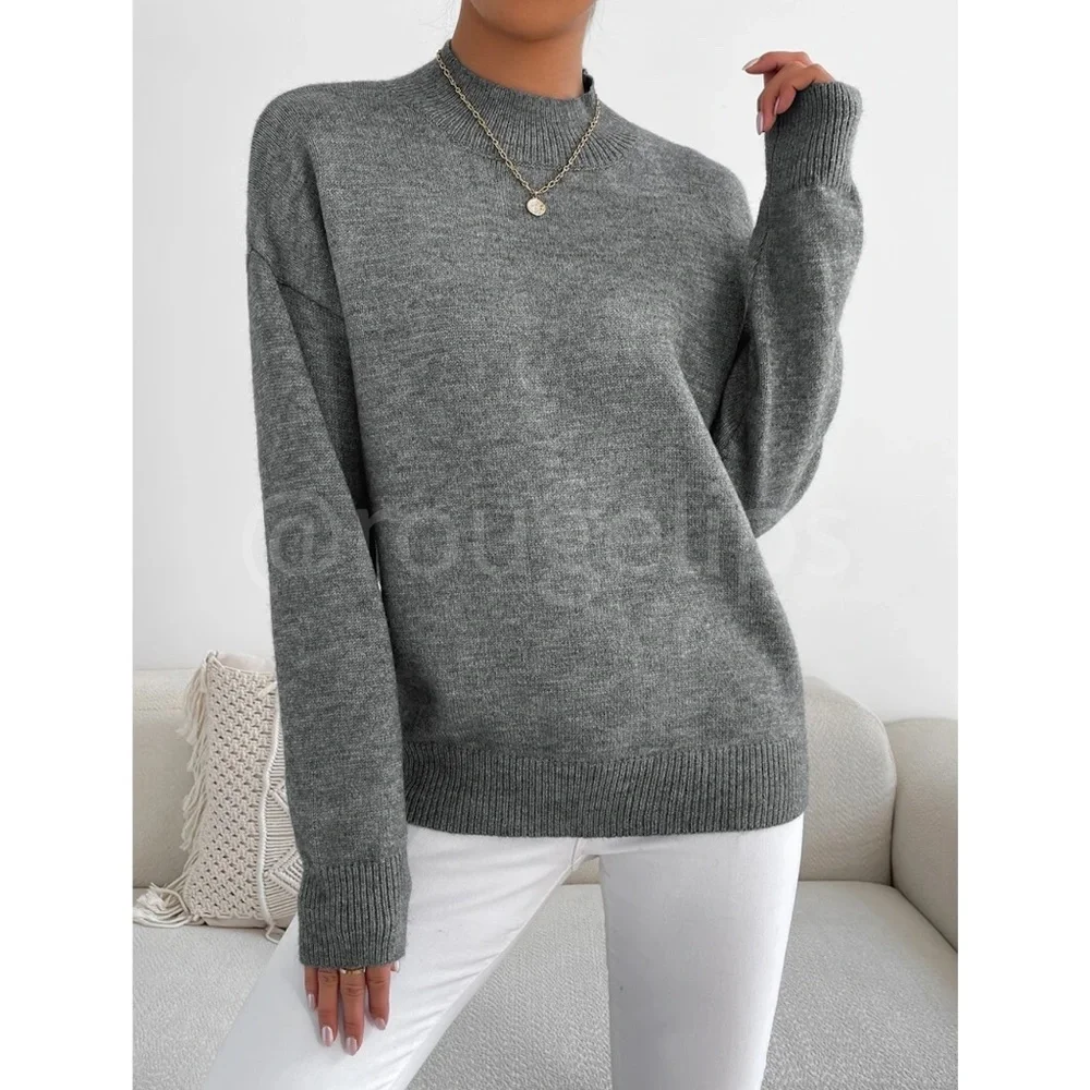 Grey Turtleneck Knit Pullover Sweater Long Sleeve - Picture 6 of 7